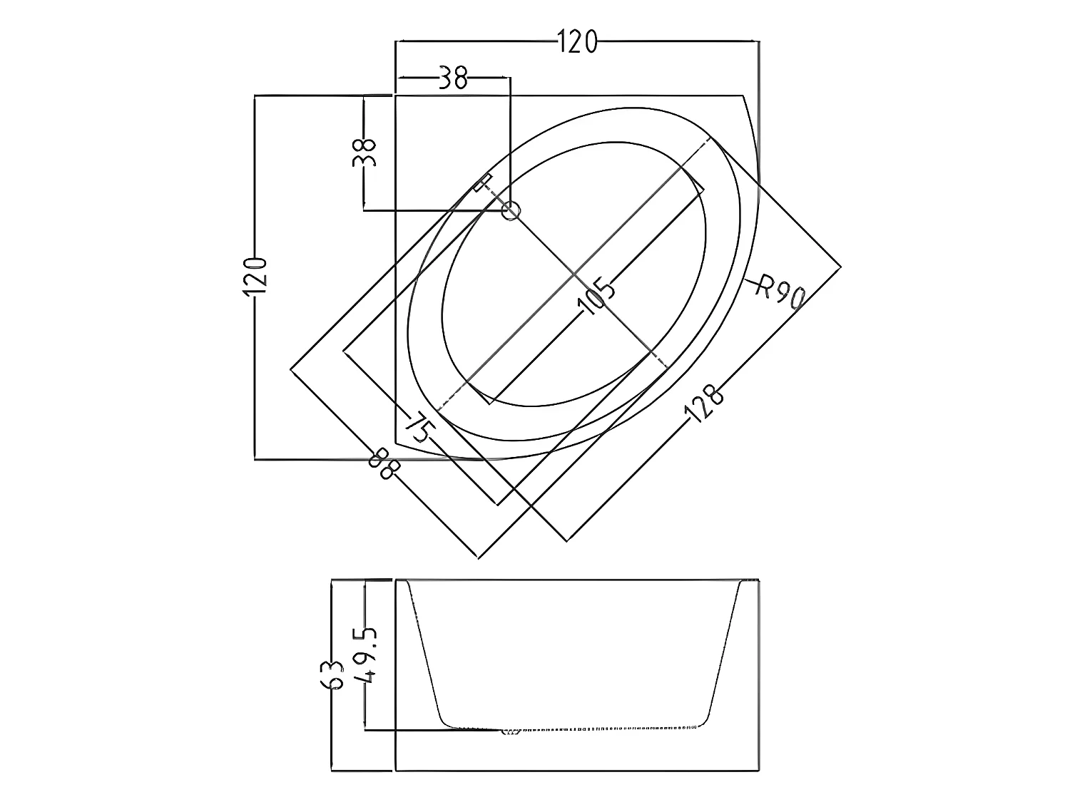 Baignoire d'angle - 198 L - 120 x 120 x 63 cm - Blanche - Acrylique - COBITIS