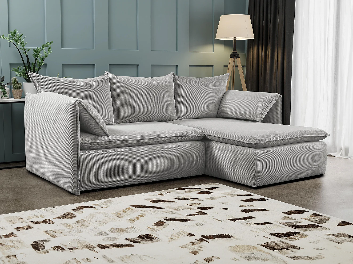 Hoekslaapbank TEODORA van PASCAL MORABITO - Ribfluweel met fijne ribbels - Lichtgrijs - Hoek rechts