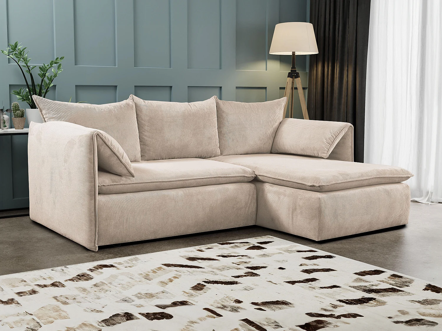 Canapé d'angle droit convertible en velours côtelé fines côtes beige TEODORA