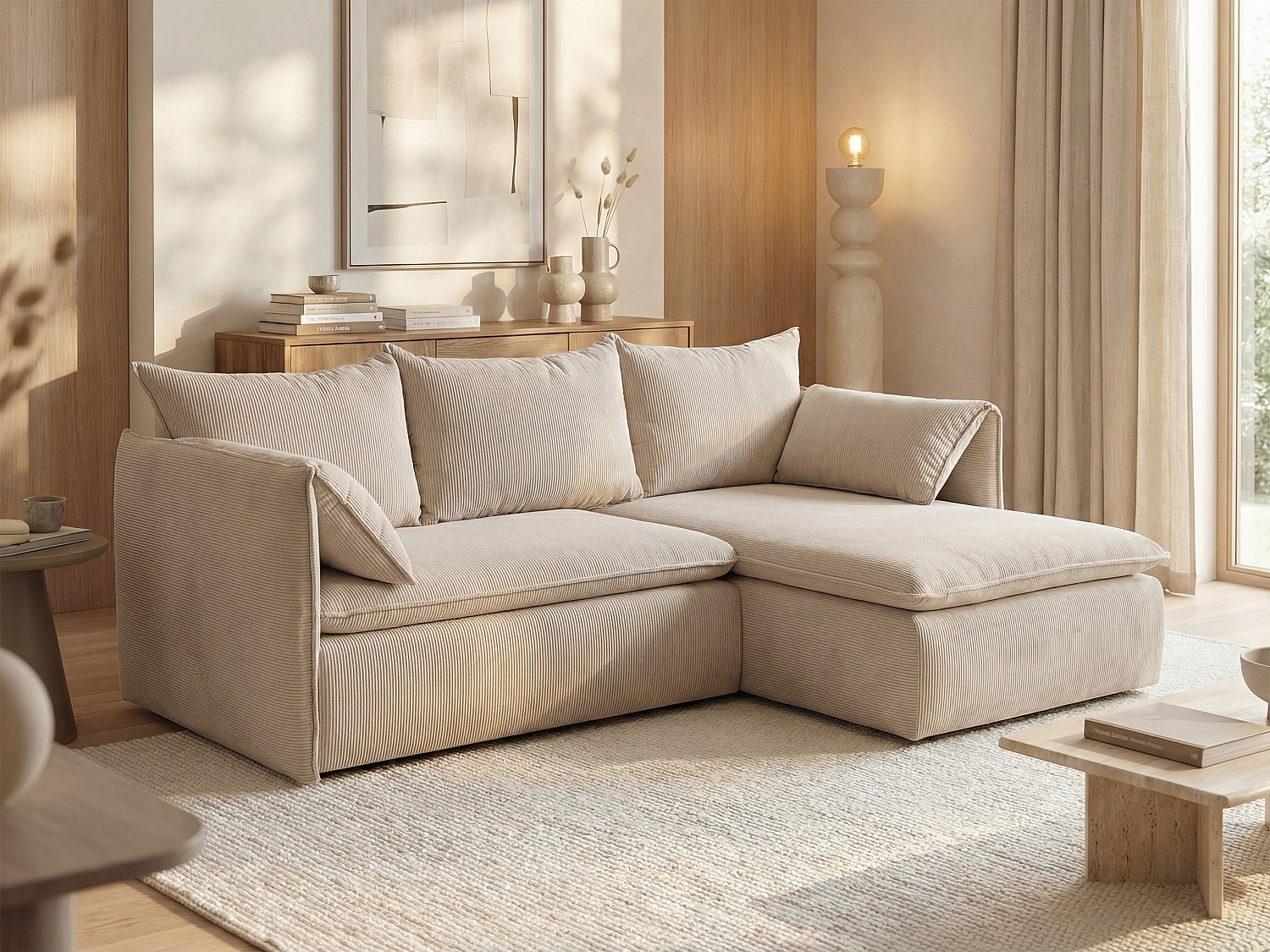 Ecksofa mit Schlaffunktion - Ecke Rechts - Feincord - Beige - TEODORA günstig online kaufen