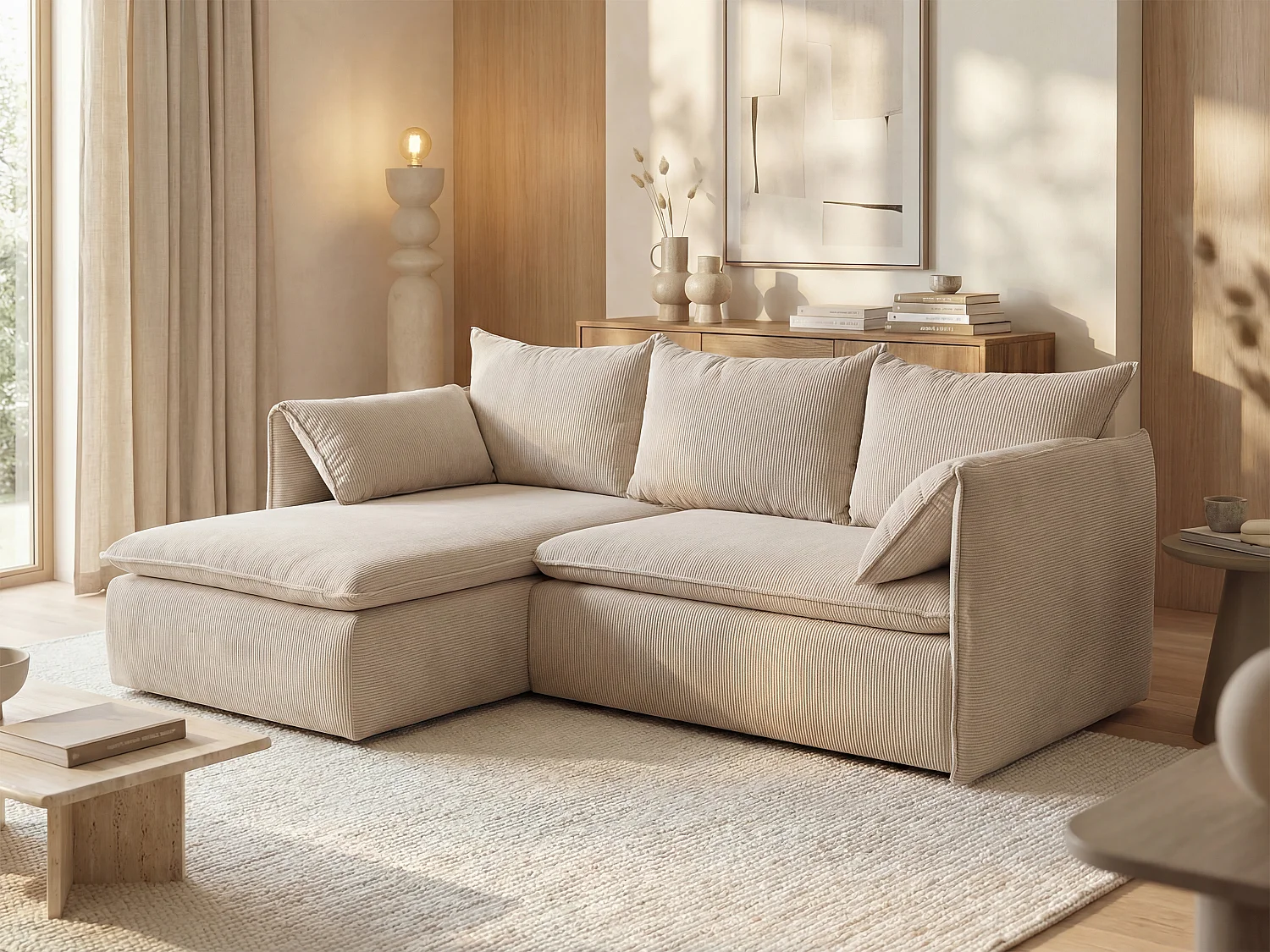 Ecksofa mit Schlaffunktion - Ecke Links - Feincord - Beige - TEODORA