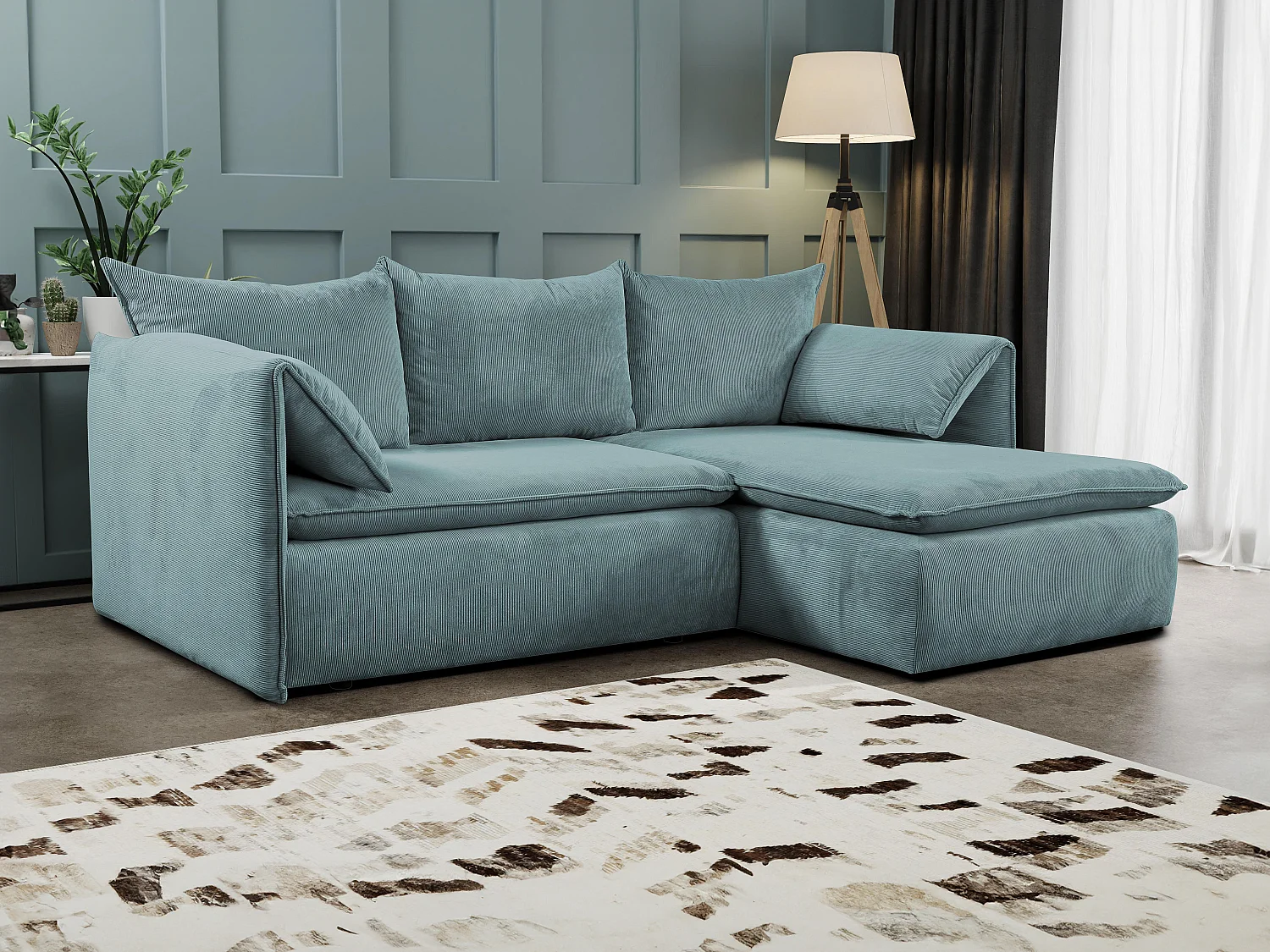 Ecksofa mit Schlaffunktion - Ecke Rechts - Feincord - Blau - TEODORA