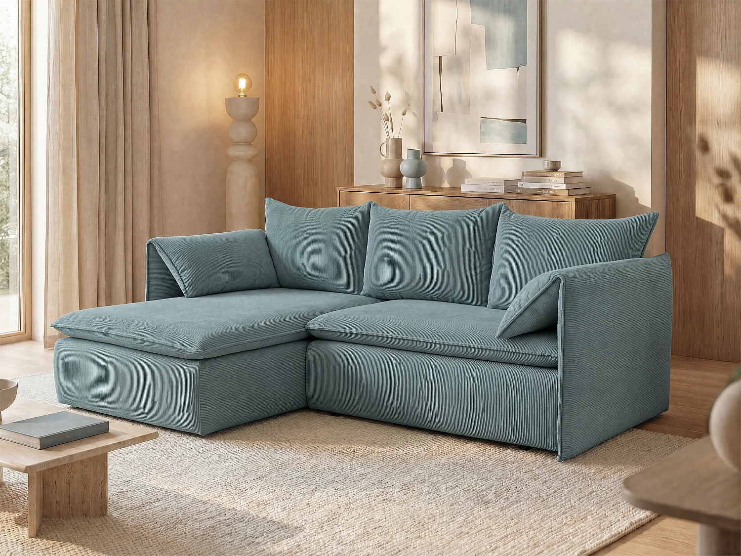 Hoekslaapbank TEODORA van PASCAL MORABITO - Ribfluweel met fijne ribbels - Blauw - Hoek links