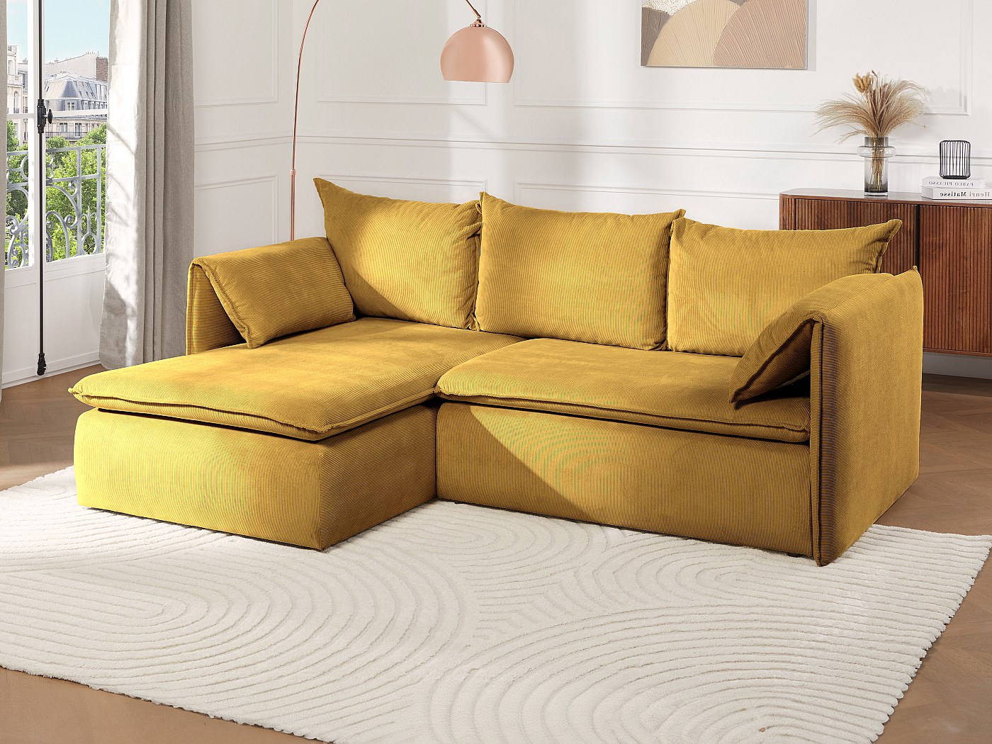 Canapé angle gauche convertible en velours côtelé jaune moutarde TEODORA
