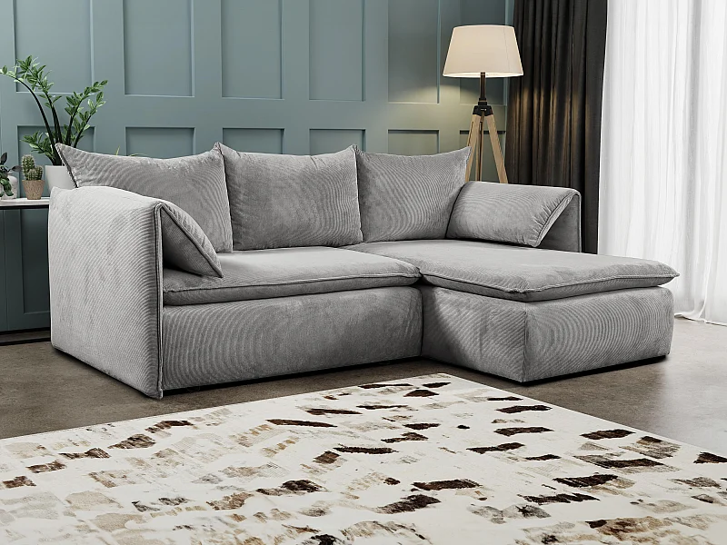 Canapé d'angle droit convertible en velours côtelé fines côtes gris TEODORA