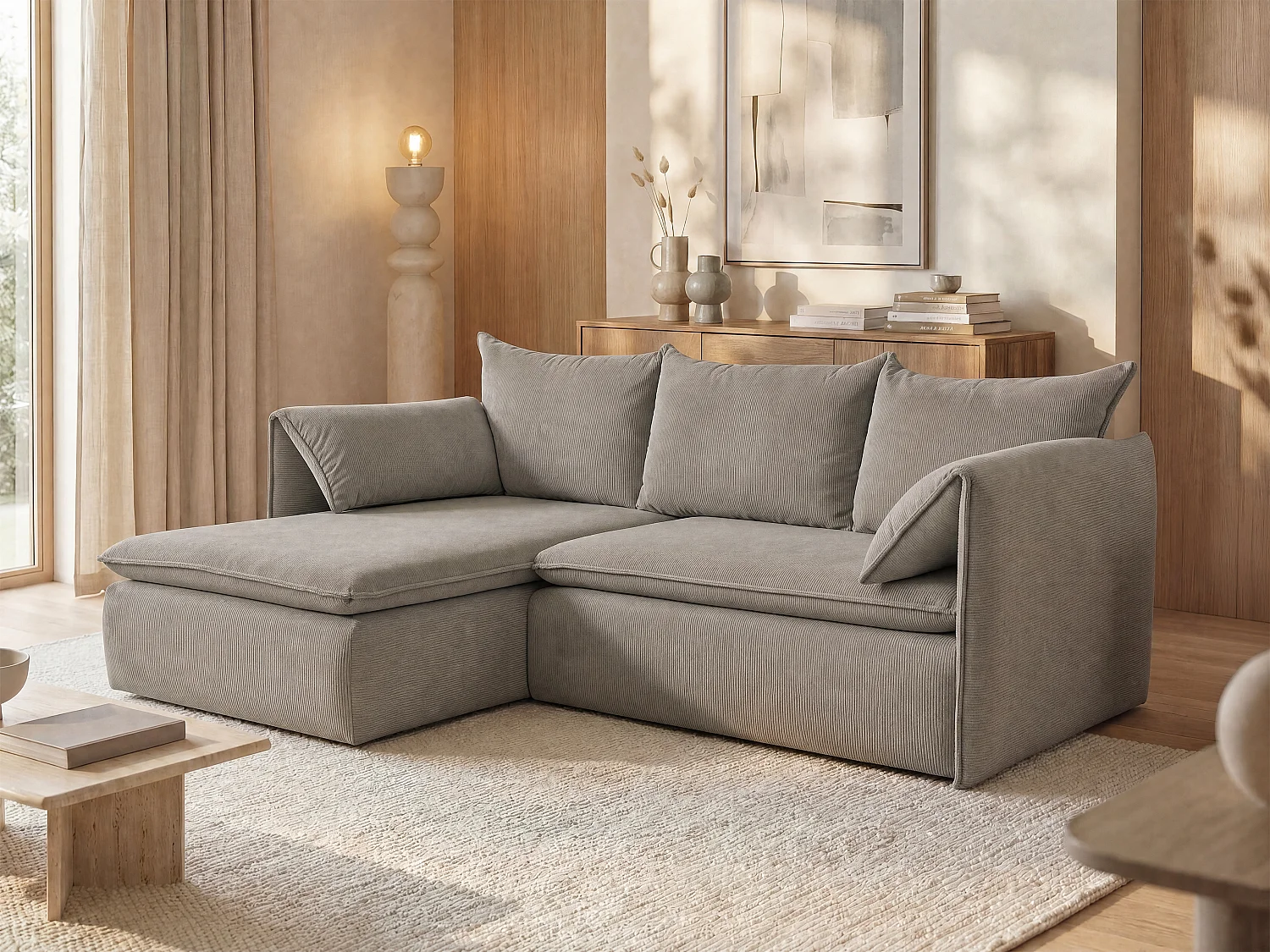 Hoekslaapbank TEODORA van PASCAL MORABITO - Ribfluweel met fijne ribbels - Taupe - Hoek links