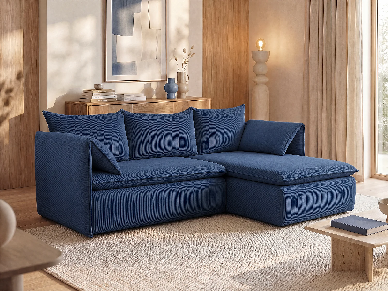 Ecksofa mit Schlaffunktion - Ecke Rechts - Feincord - Dunkelblau - TEODORA