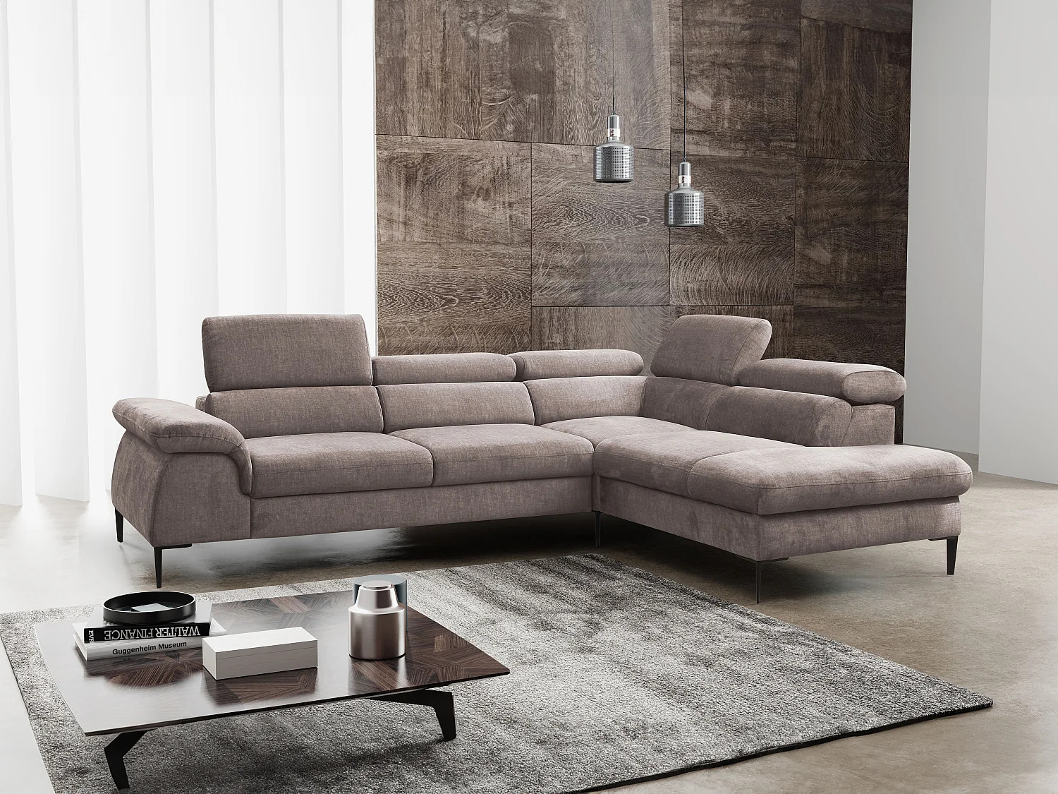 Grand canapé d'angle droit convertible en velours taupe SEPINA de Pascal Morabito