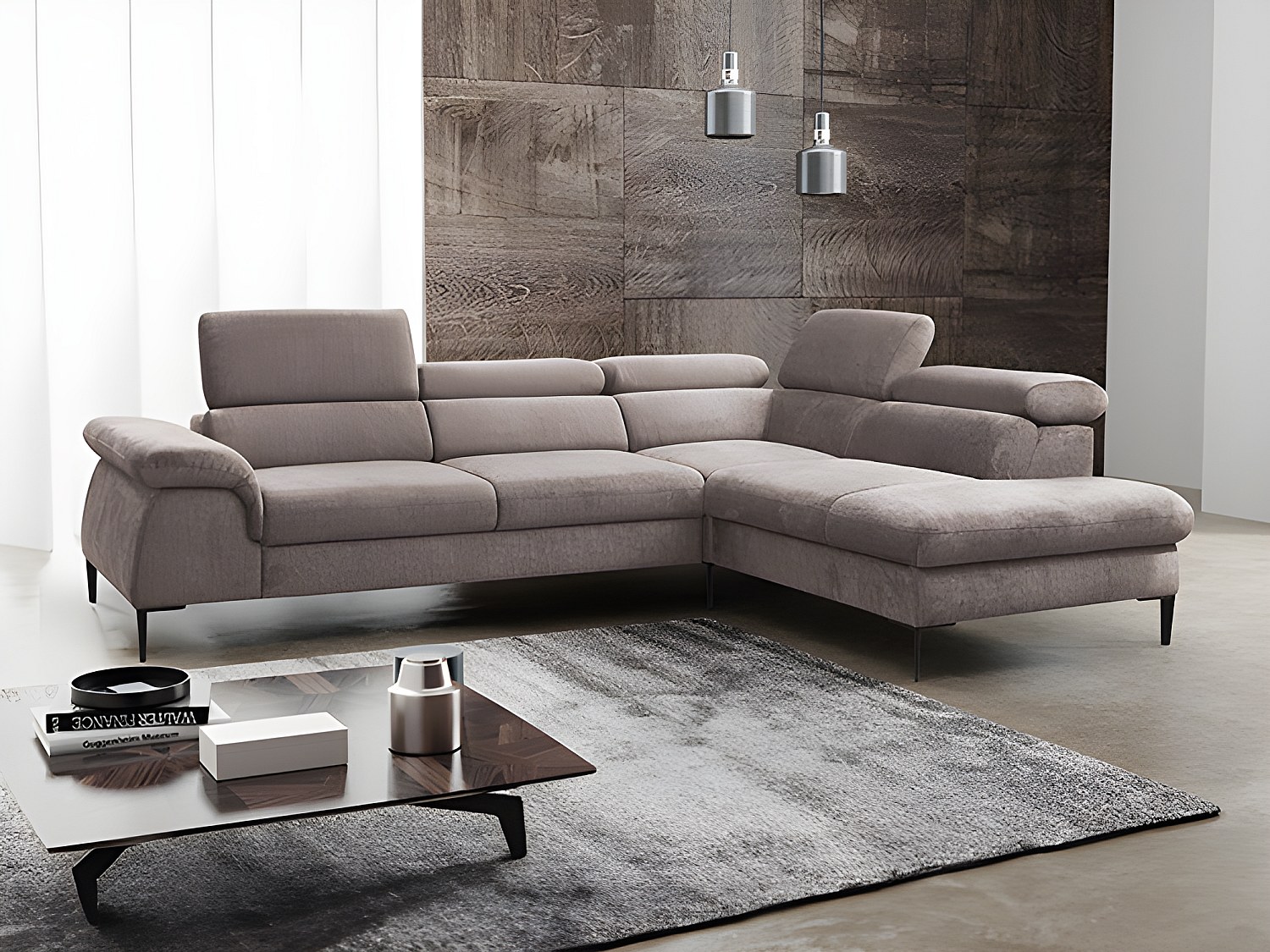 Grand canapé d'angle droit convertible en velours taupe SEPINA