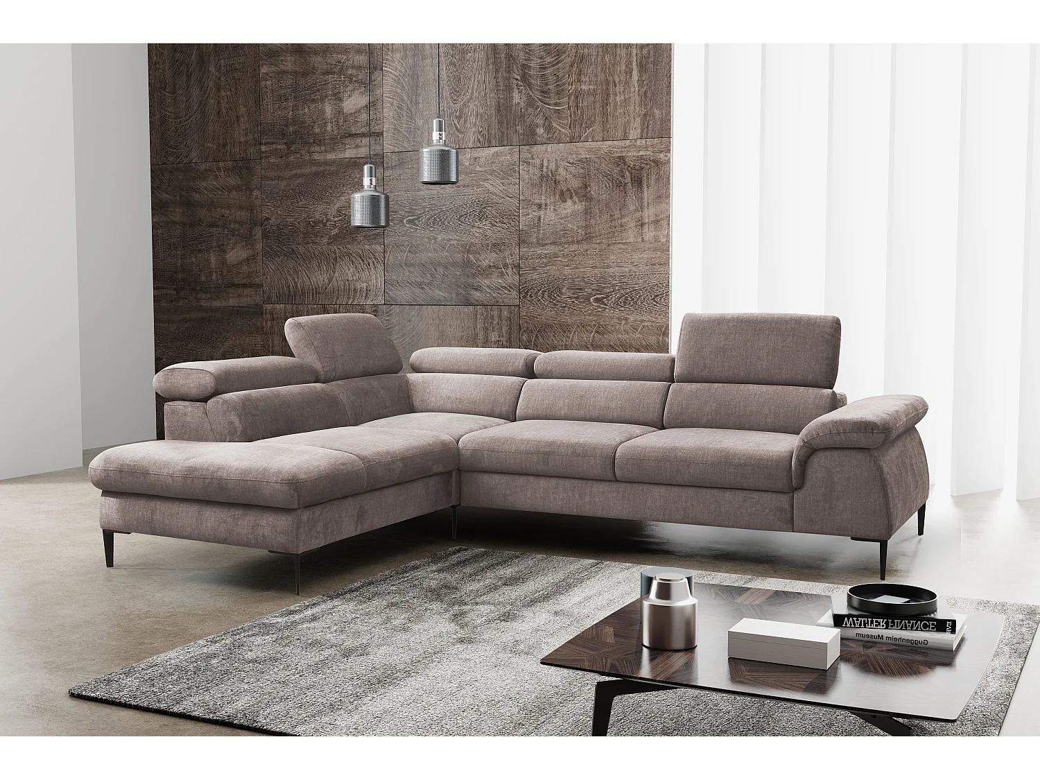 Grand canapé d'angle gauche convertible en velours taupe SEPINA de Pascal Morabito