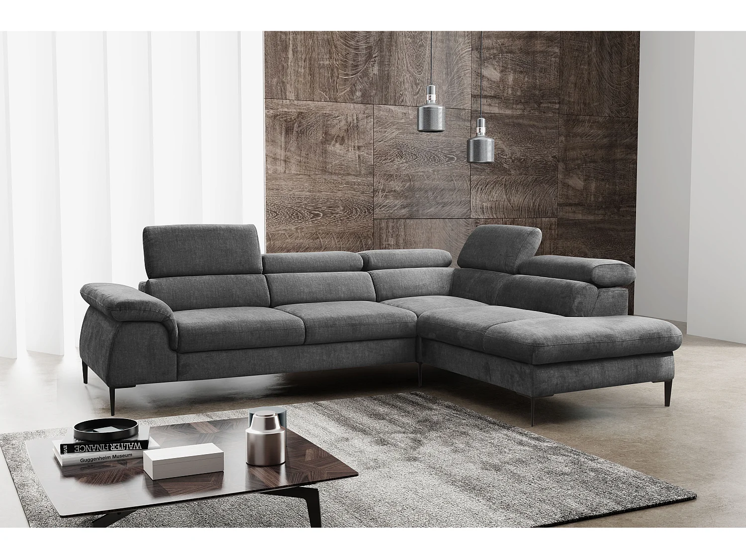 Grand canapé d'angle droit convertible en velours gris anthracite SEPINA de Pascal Morabito