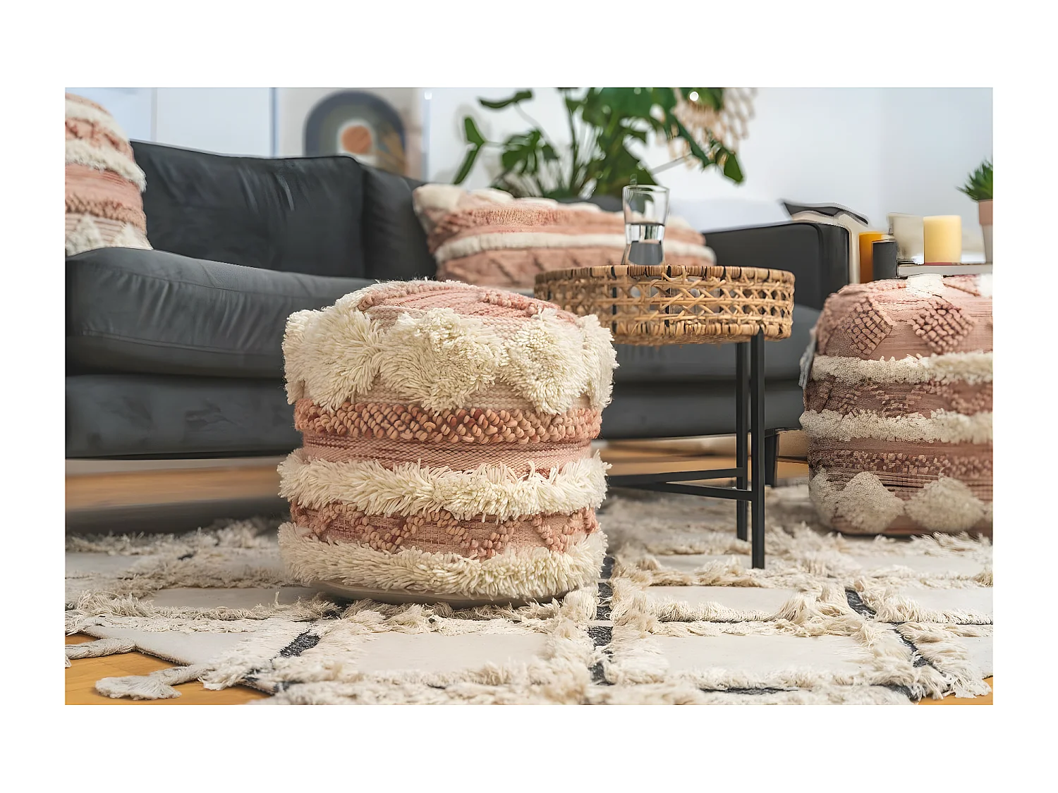 Pouf Bohème Fait à la Main "Bohist" 35cm Rose & Crème