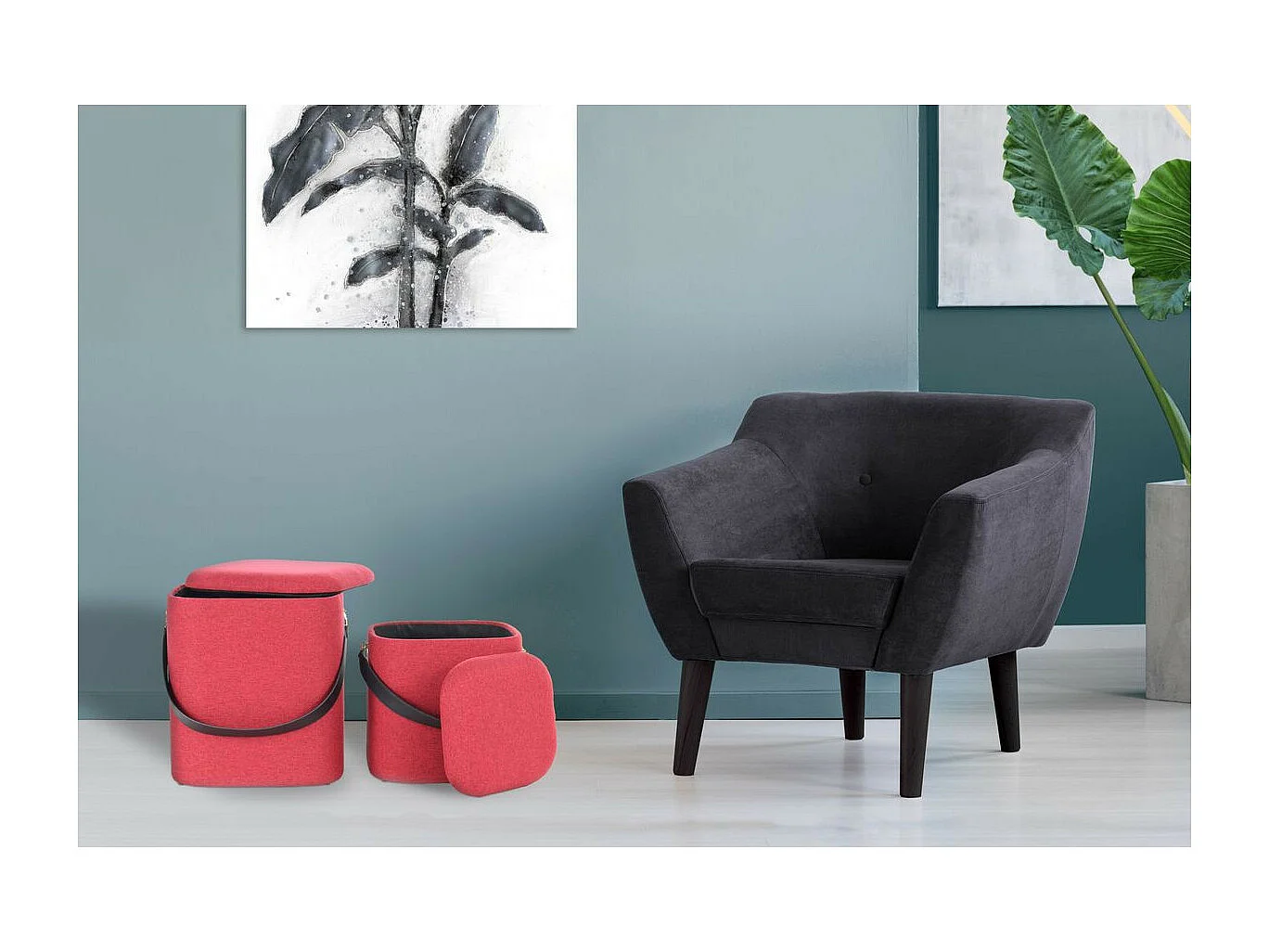 Lot de 2 Poufs & Coffres de Rangement "Arabella" 44cm Rouge & Noir