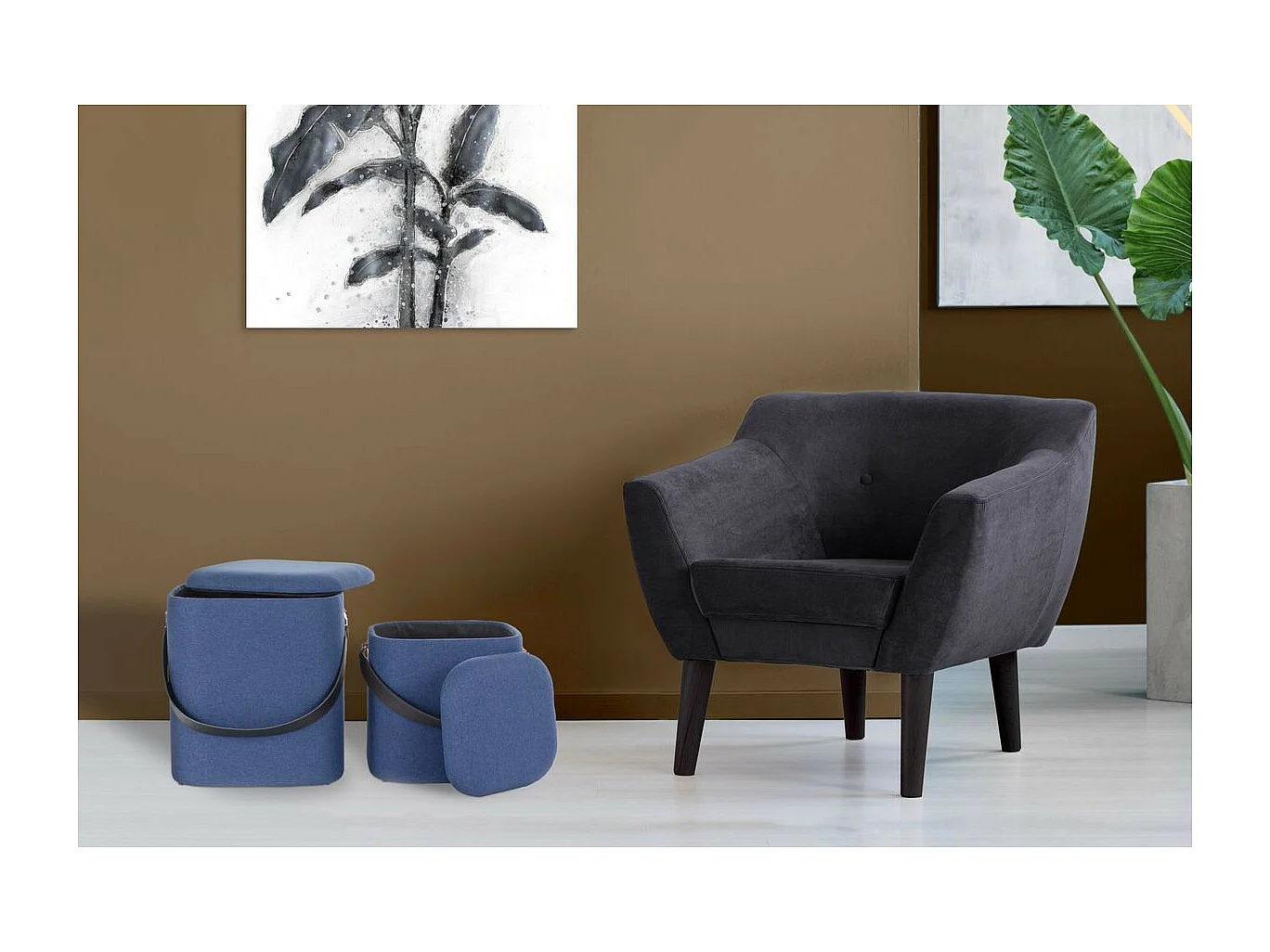 Lot de 2 Poufs & Coffres de Rangement "Arabella" 44cm Bleu & Noir
