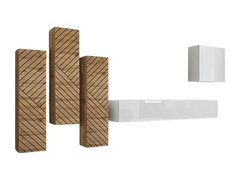 Conjunto de muebles de salón SWITCH III de diseño, en colores blanco y roble Wotan. Acabados brillantes y efecto roble fresado.