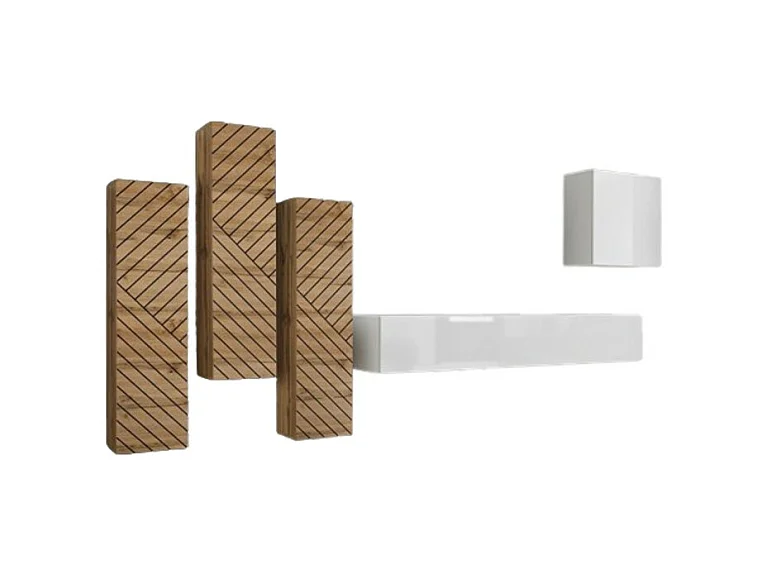 Woonkamerset SWITCH III design, in wit en Wotan eiken kleur. Afwerkingen in hoogglans en gefreesd eiken effect.
