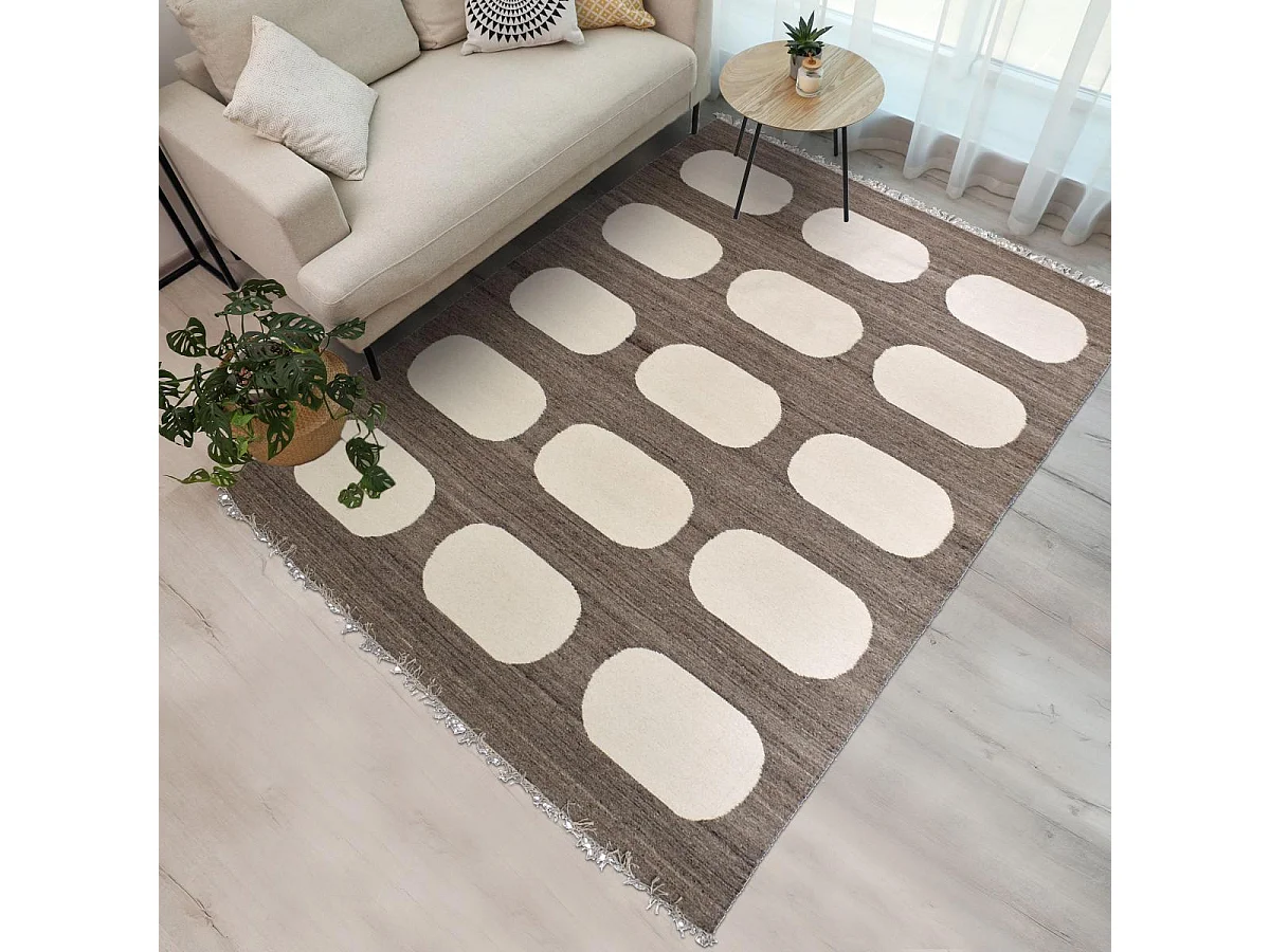 tapis salon 160x230 fait main en laine beige et marron rectangle motif rond KODA