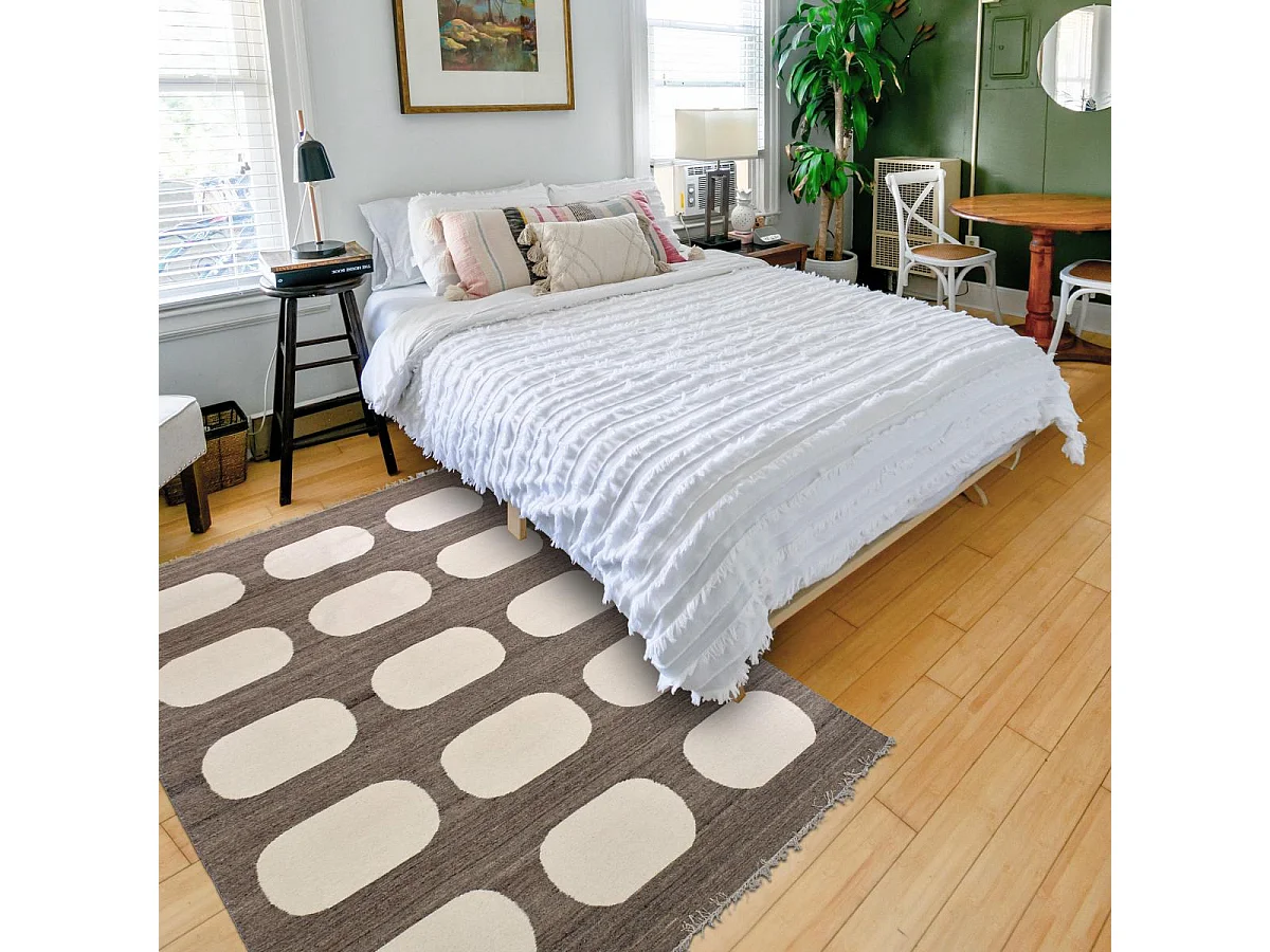 tapis salon 160x230 fait main en laine beige et marron rectangle motif rond KODA