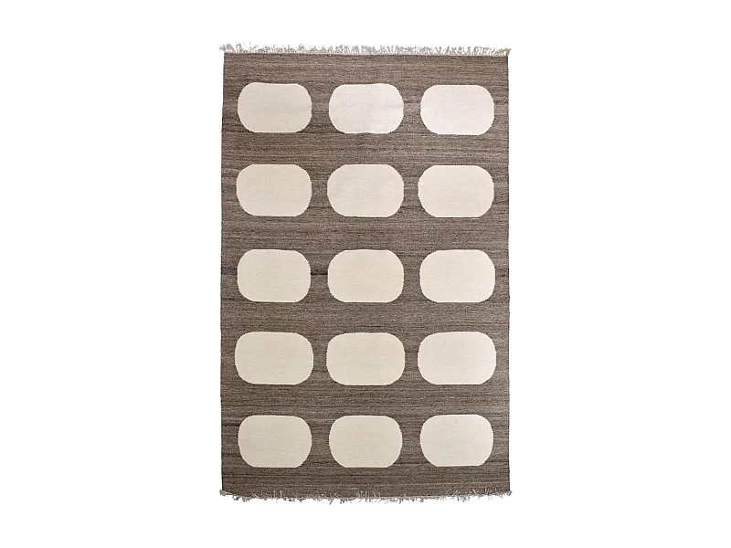 tapis salle à manger 200x300 fait main en laine beige et marron motif rond