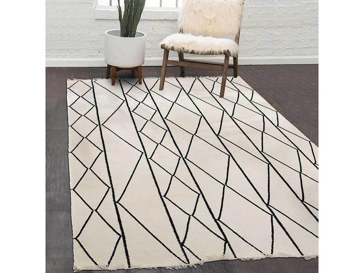 Tappeto per sala da pranzo fatto a mano 200x300 in lana beige e nera con motivo scandinavo