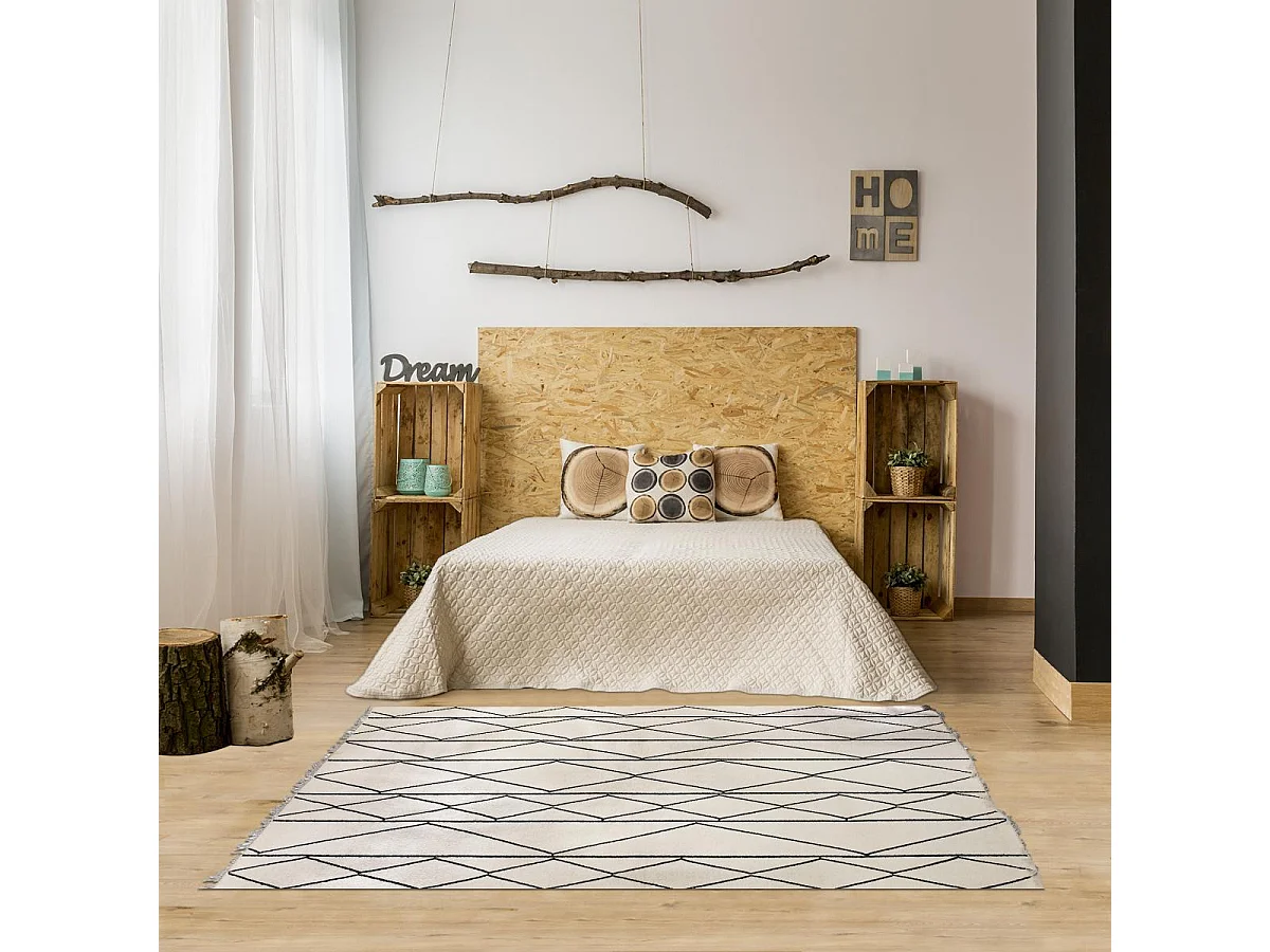 tapis salle à manger 200x300 fait main en laine beige et noir motif scandinave