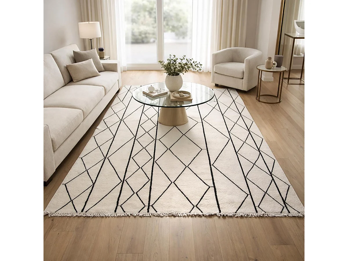 tappeto per camera da letto 120x180 realizzato a mano in lana beige e nera con motivo scandinavo rettangolare