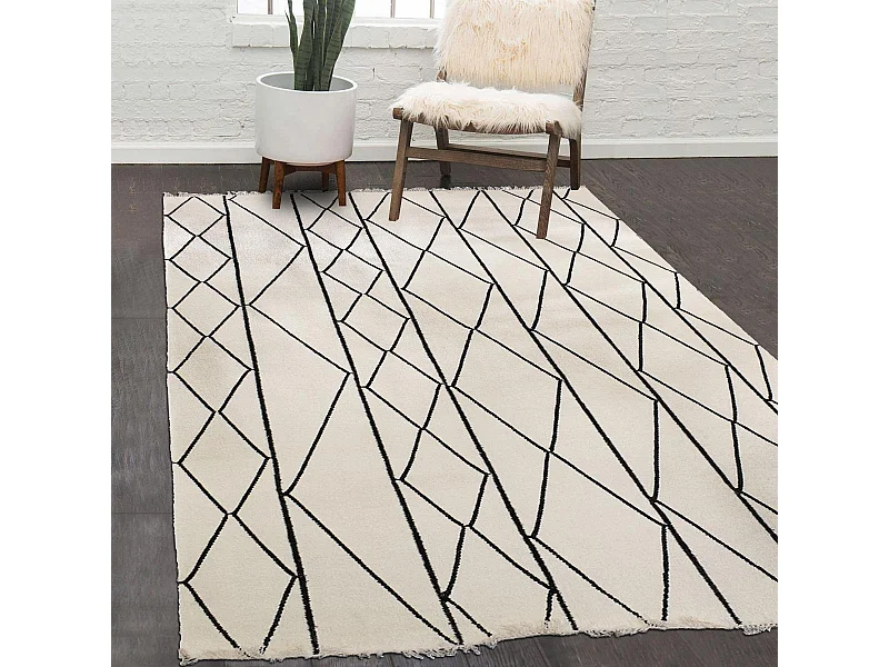 tapis chambre 120x180 fait main en laine beige et noir rectangle motif scandinave