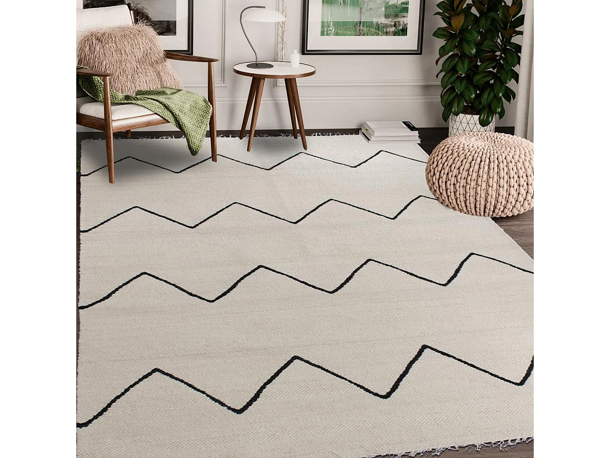 tapis salle à manger 200x300 fait main en laine beige et noir motif berbère