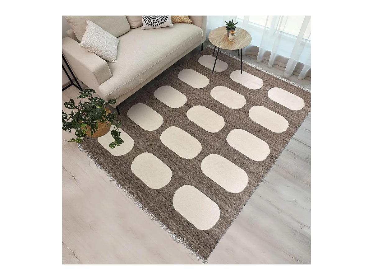 tapis open space 300x400 fait main en laine beige et marron rectangle motif rond