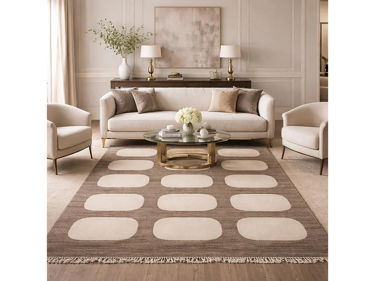 tapis open space 300x400 fait main en laine beige et marron rectangle motif rond