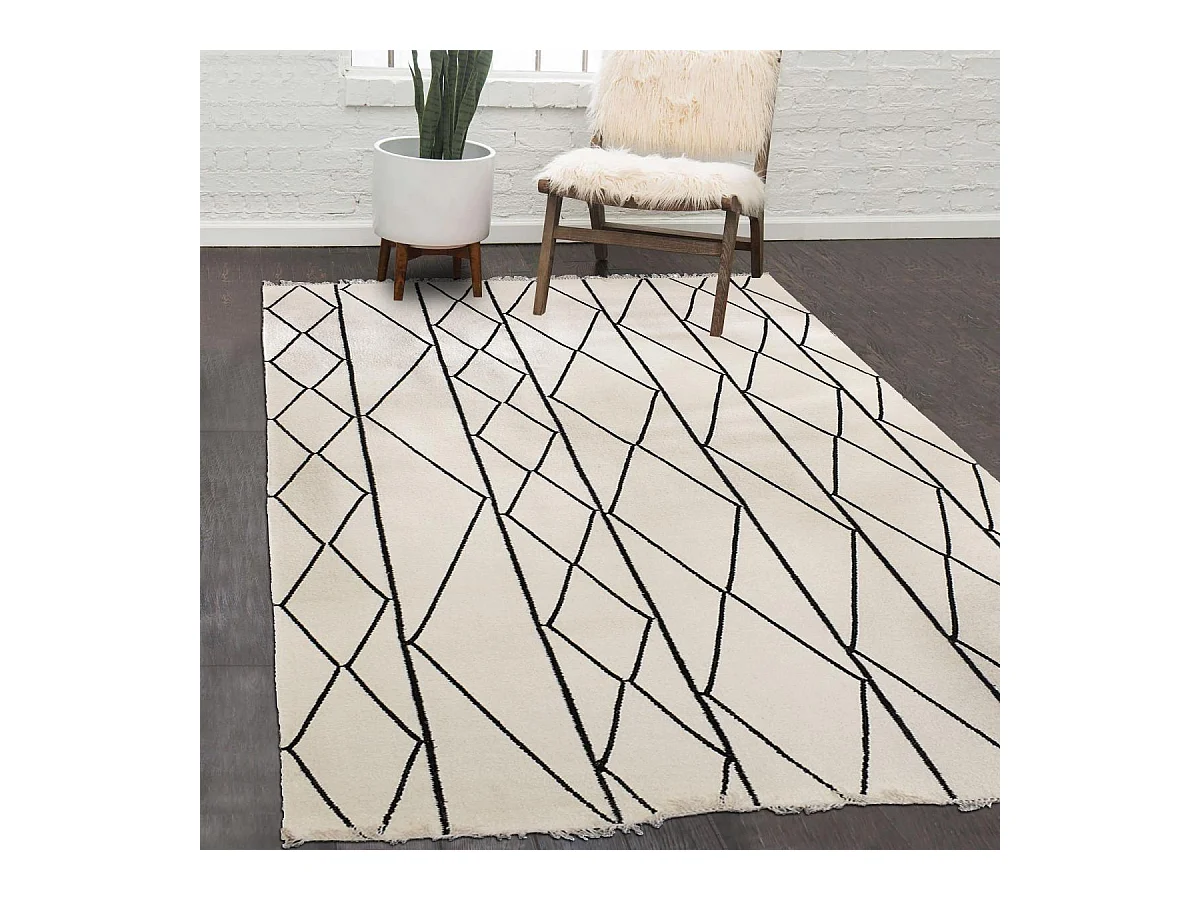 tapis salon 160x230 fait main en laine beige et noir rectangle motif scandinave