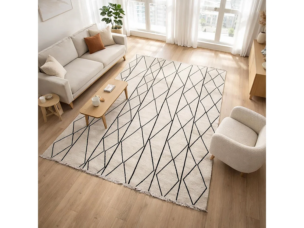 tapis salon 160x230 fait main en laine beige et noir rectangle motif scandinave