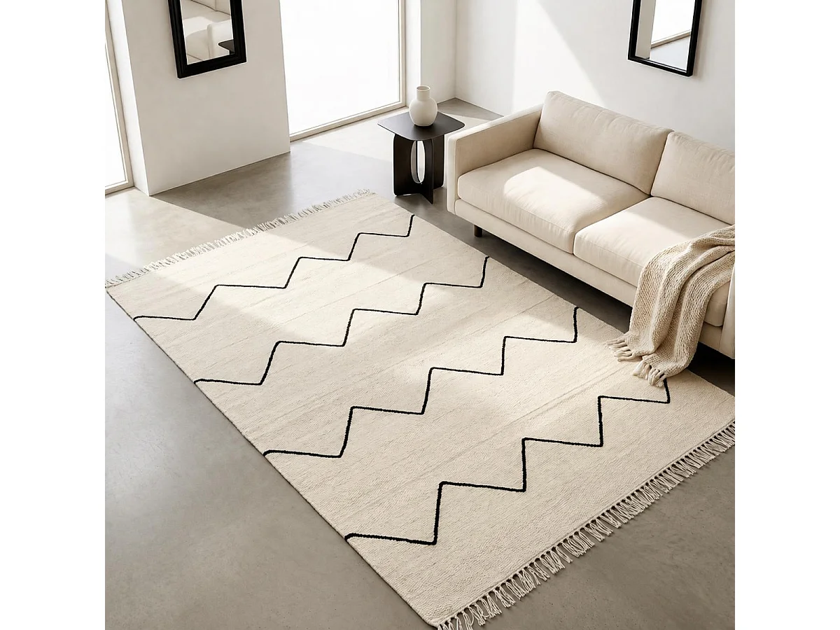 tapis grand salon 250x350 fait main en laine beige et noir motif berbère