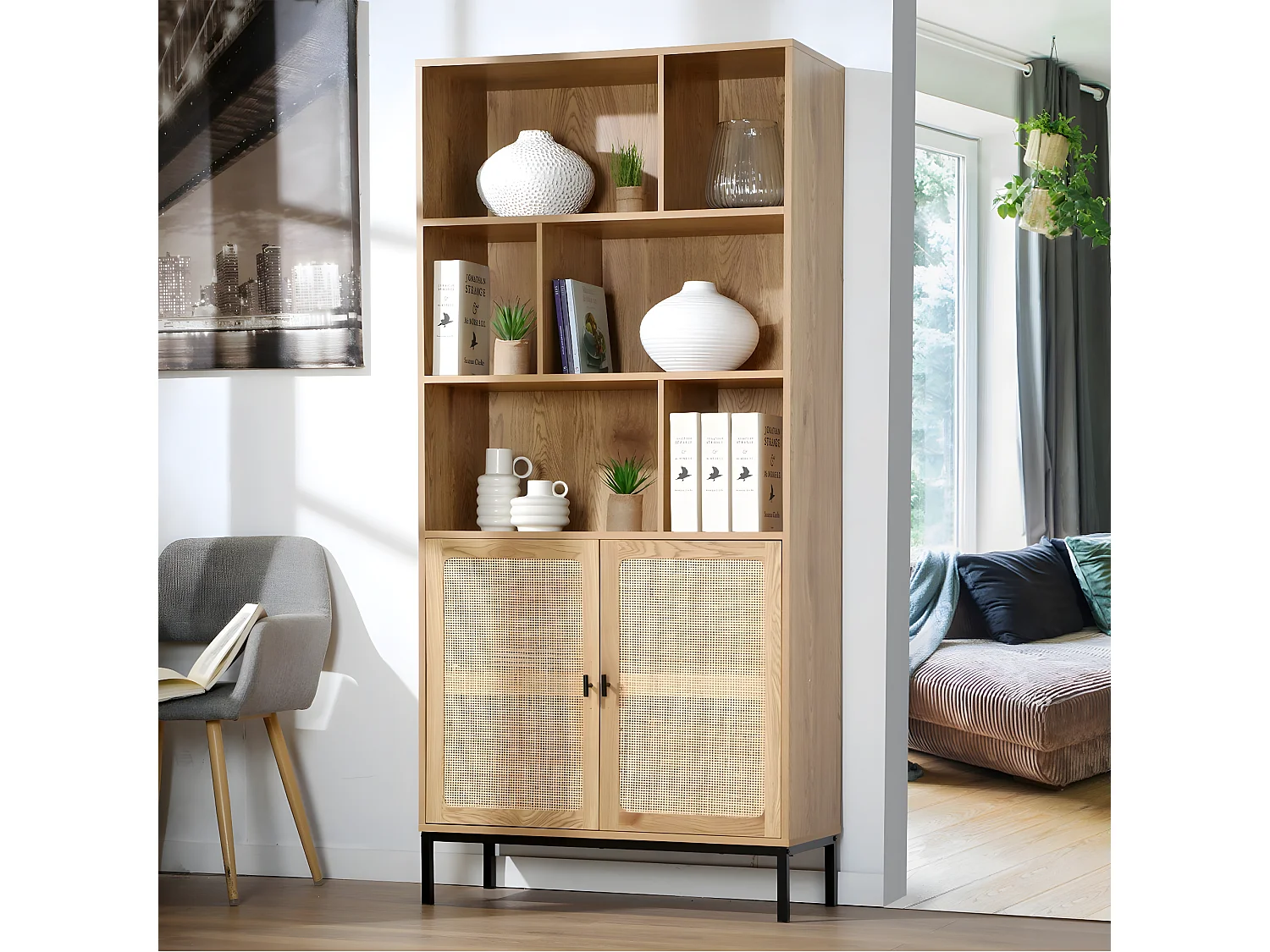 Bücherregal mit Aufbewahrung 2 Türen aus natürlichem Rattan H175cm - JAYA