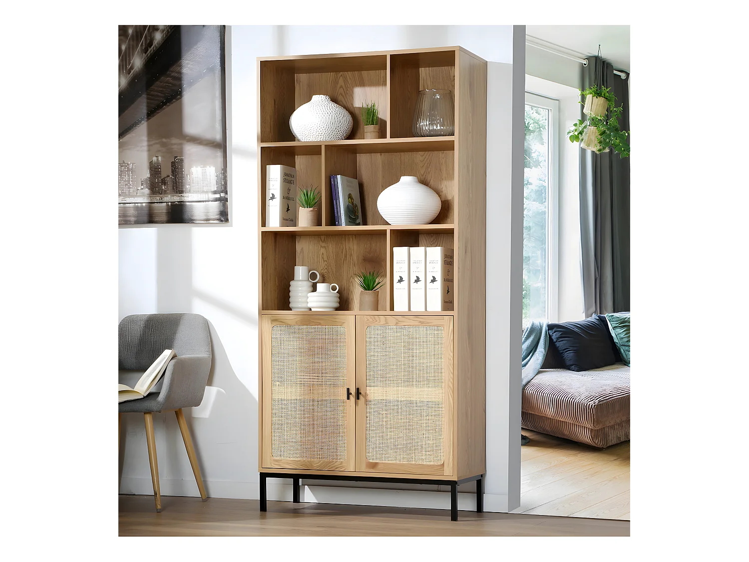 Bücherregal mit Aufbewahrung 2 Türen aus natürlichem Rattan H175cm - JAYA