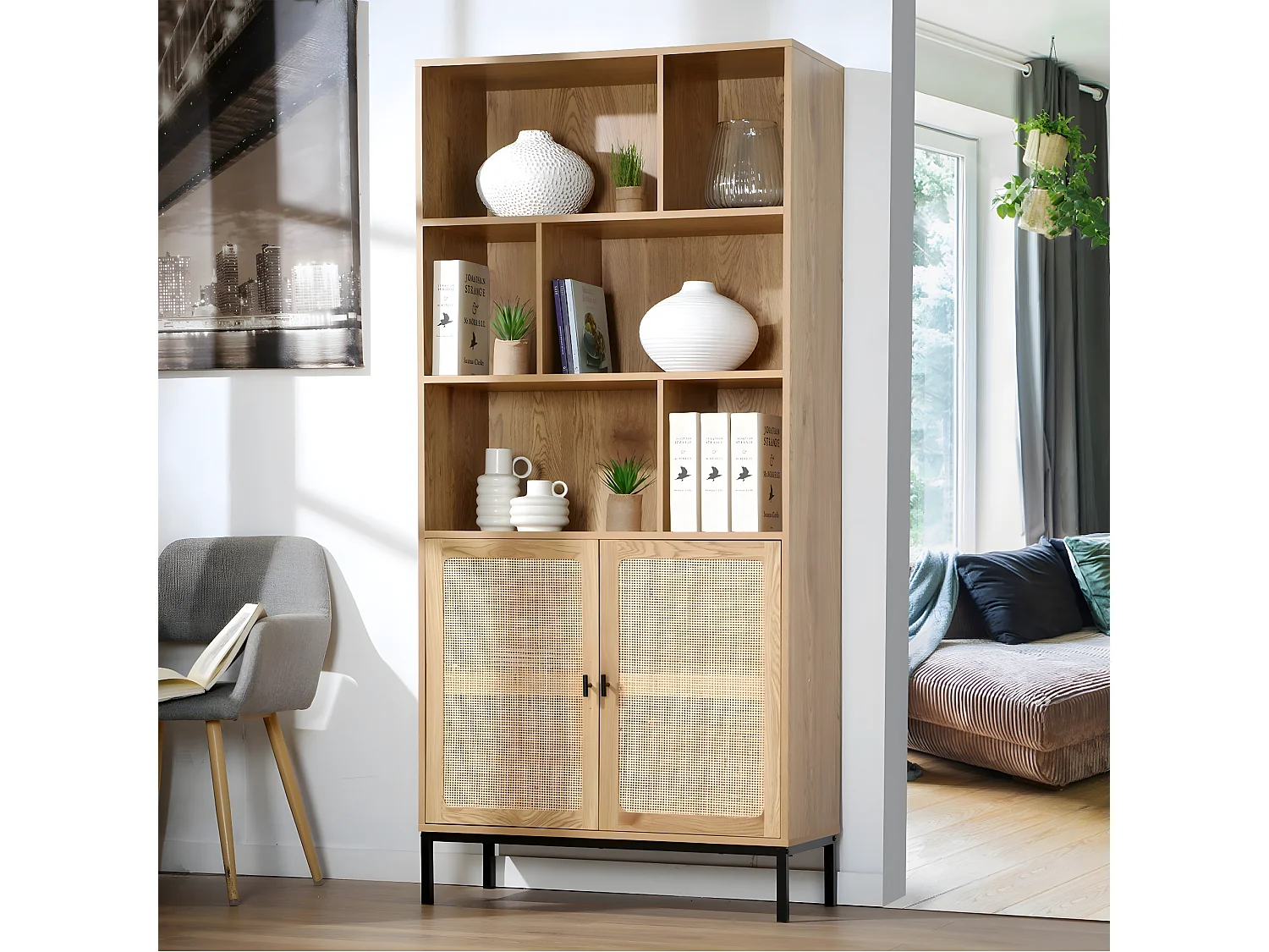 Bücherregal mit Aufbewahrung 2 Türen aus natürlichem Rattan H175cm - JAYA