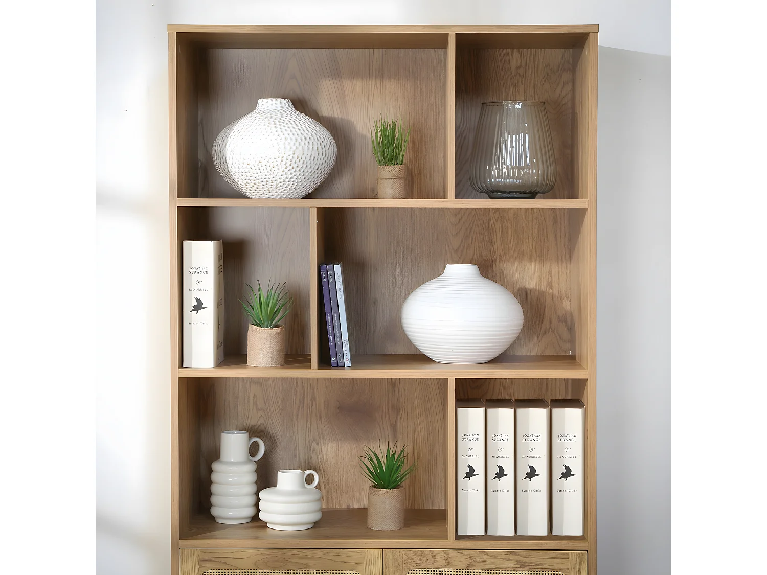 Bücherregal mit Aufbewahrung 2 Türen aus natürlichem Rattan H175cm - JAYA