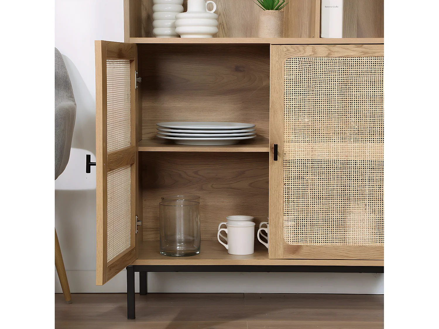 Bücherregal mit Aufbewahrung 2 Türen aus natürlichem Rattan H175cm - JAYA