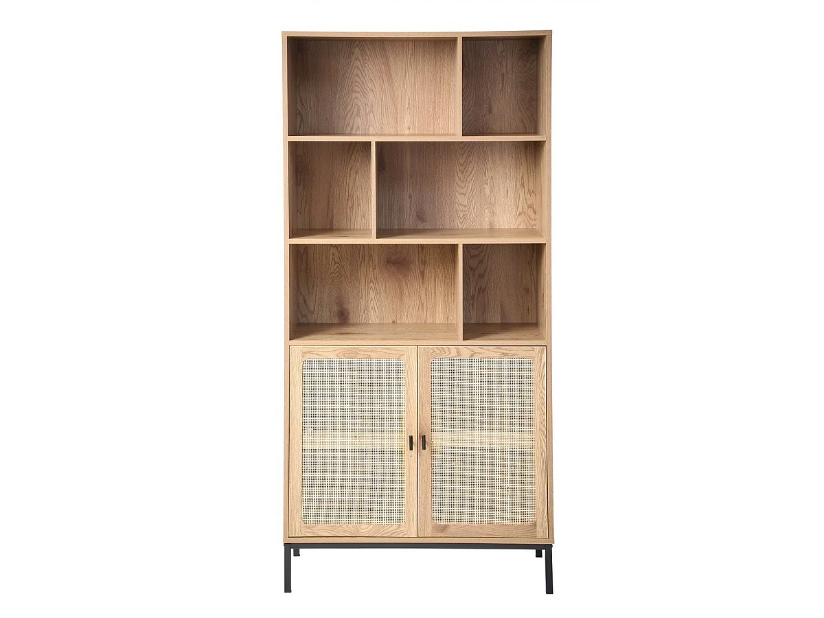 Boekenkast - 6 Vakken en 2 Deuren - Natuurlijk Rotan - L80 x H175 cm - JAYA