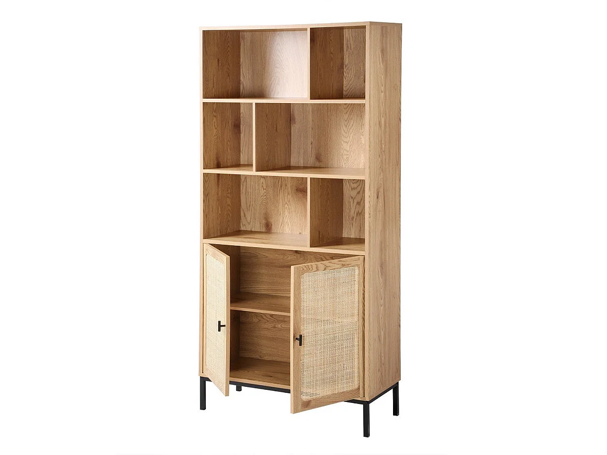 Boekenkast - 6 Vakken en 2 Deuren - Natuurlijk Rotan - L80 x H175 cm - JAYA