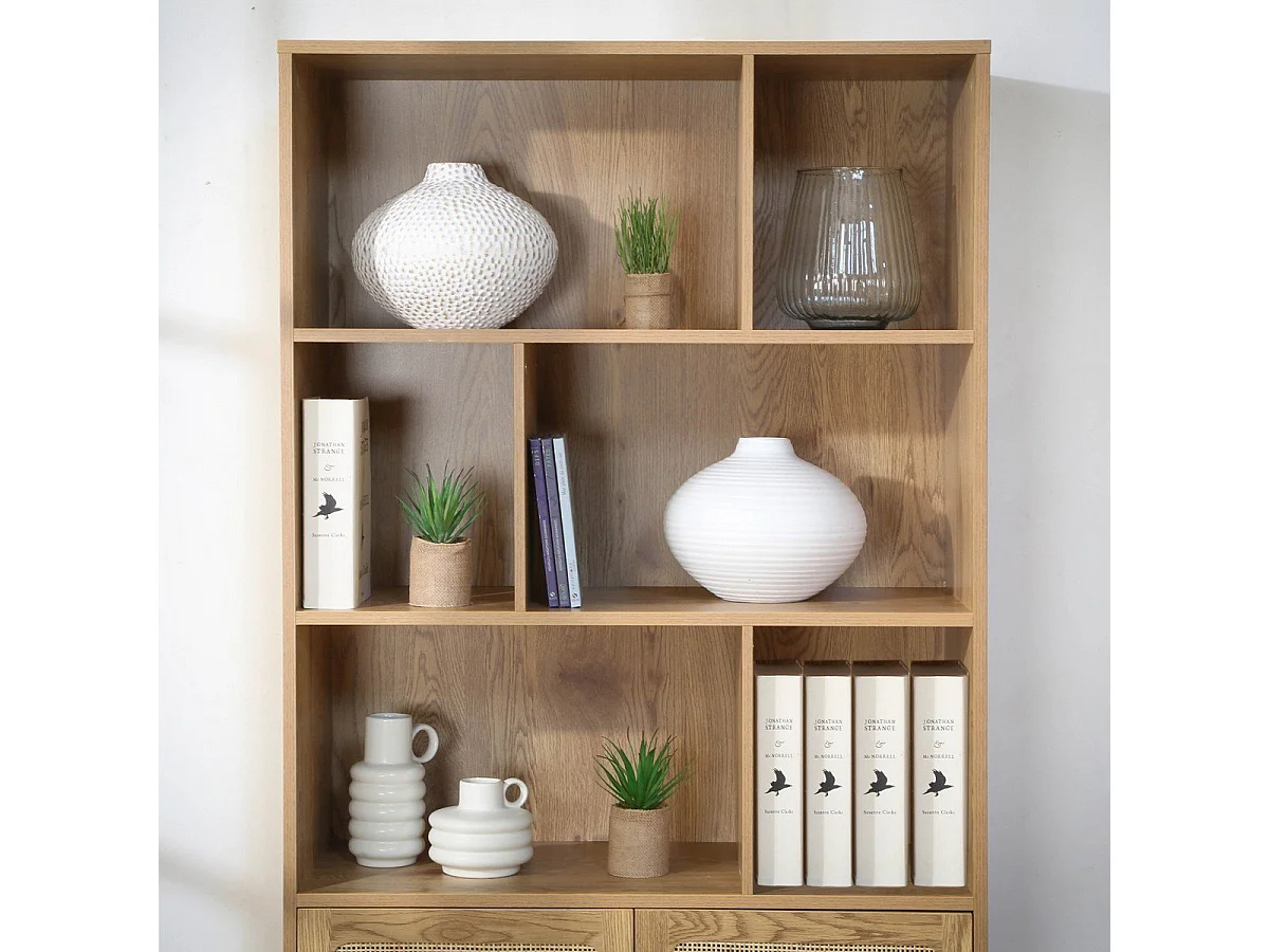 Boekenkast - 6 Vakken en 2 Deuren - Natuurlijk Rotan - L80 x H175 cm - JAYA