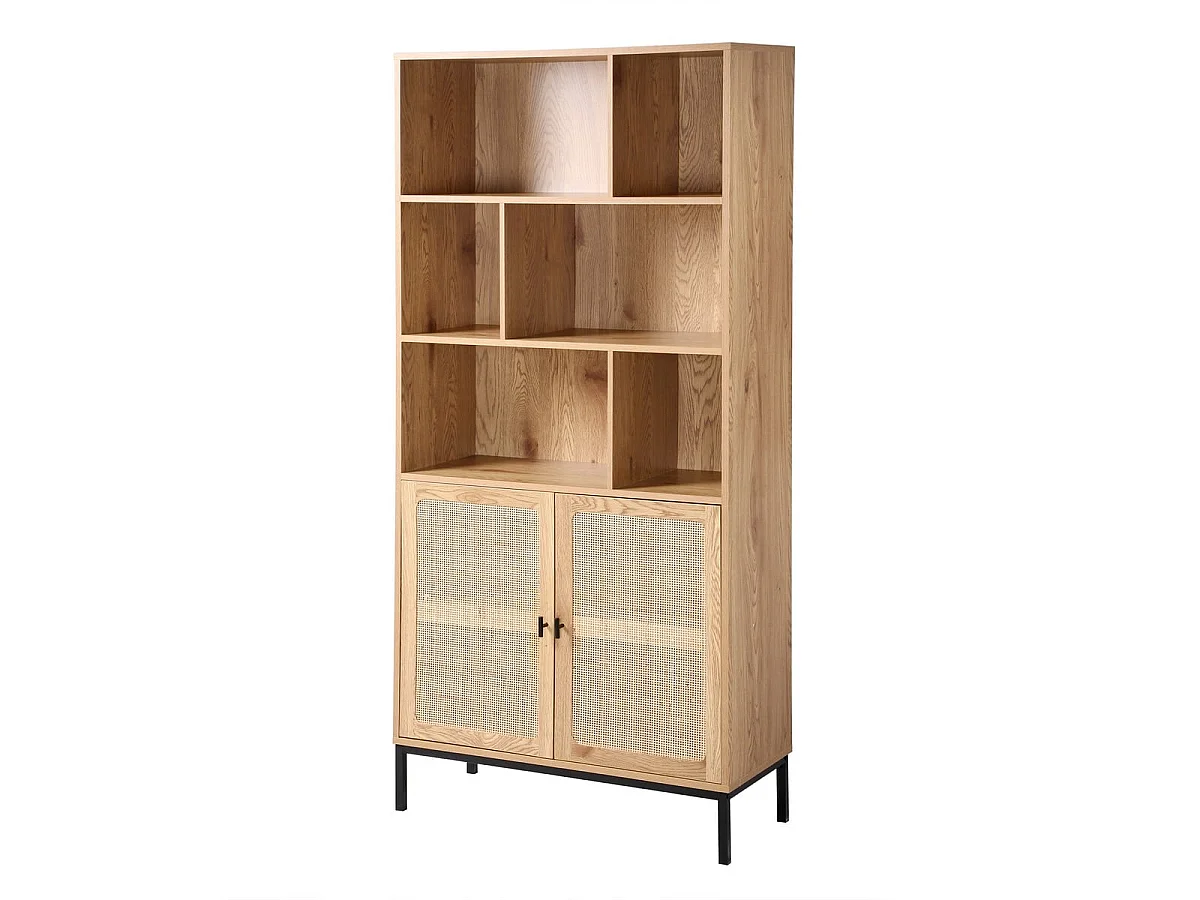 Boekenkast - 6 Vakken en 2 Deuren - Natuurlijk Rotan - L80 x H175 cm - JAYA