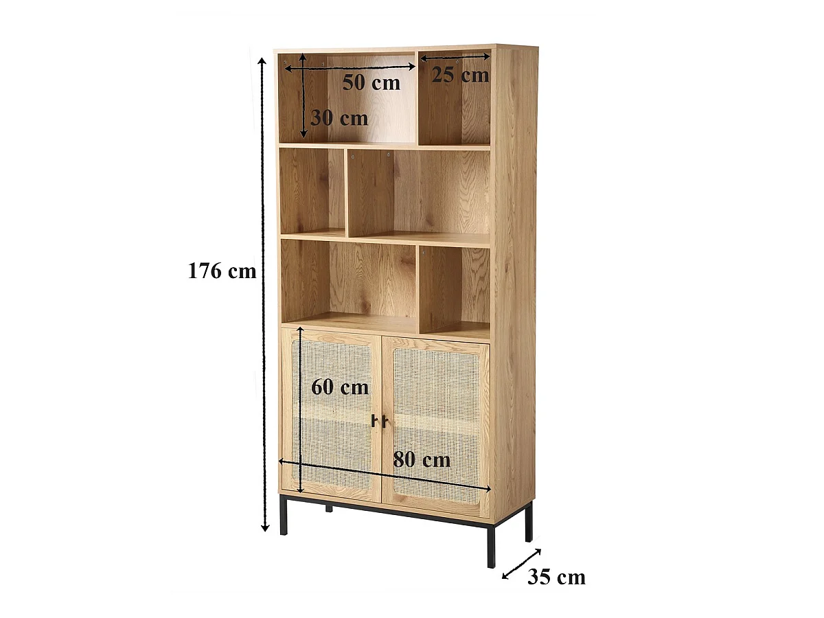 Bibliothèque 6 Cases et 2 Portes en Rotin Naturel H175cm - JAYA