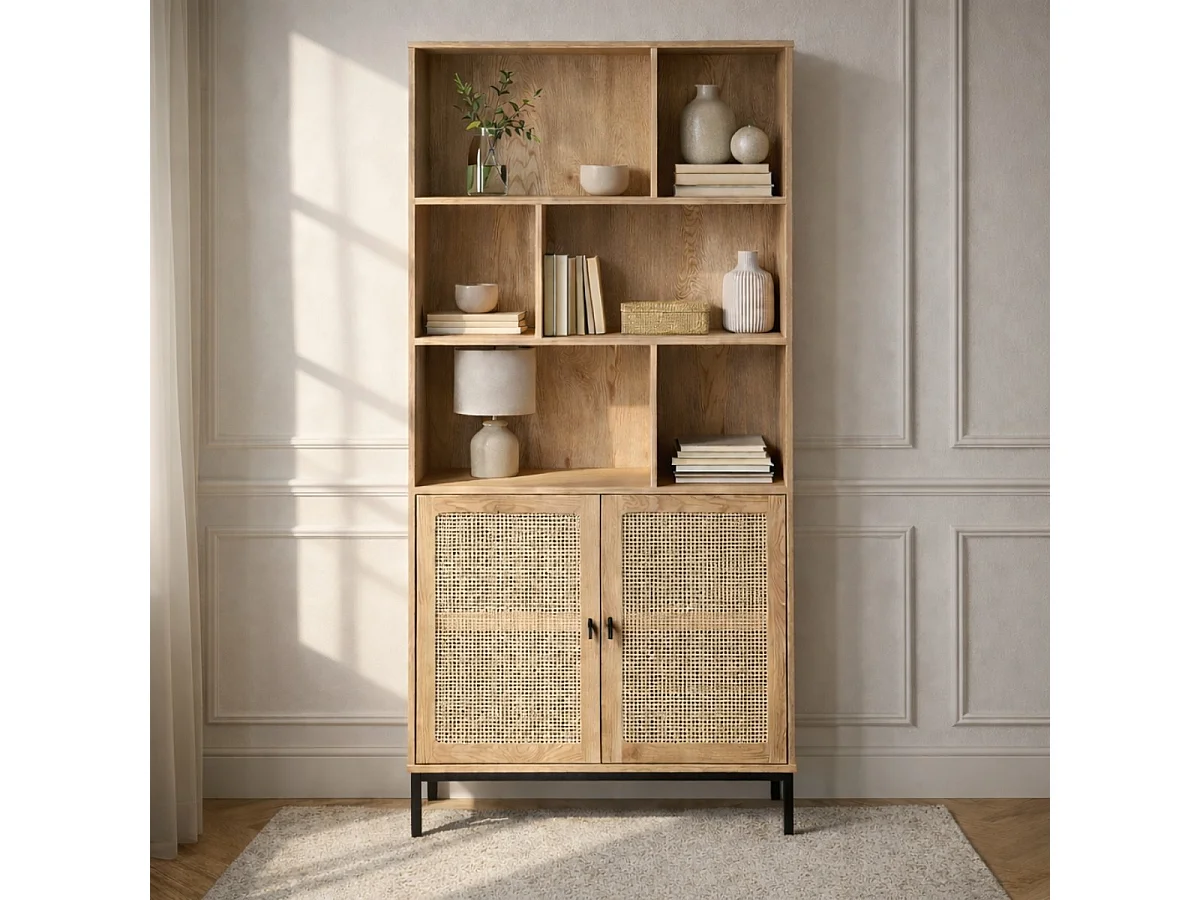 Bibliothèque 6 Cases et 2 Portes en Rotin Naturel H175cm - JAYA