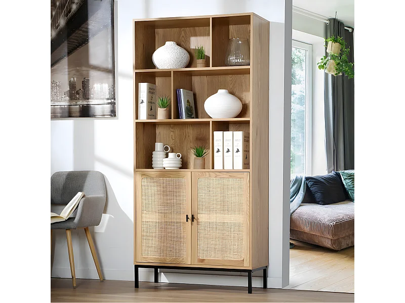 Libreria con 6 Vani e 2 Porte in Rattan Naturale H175cm - JAYA