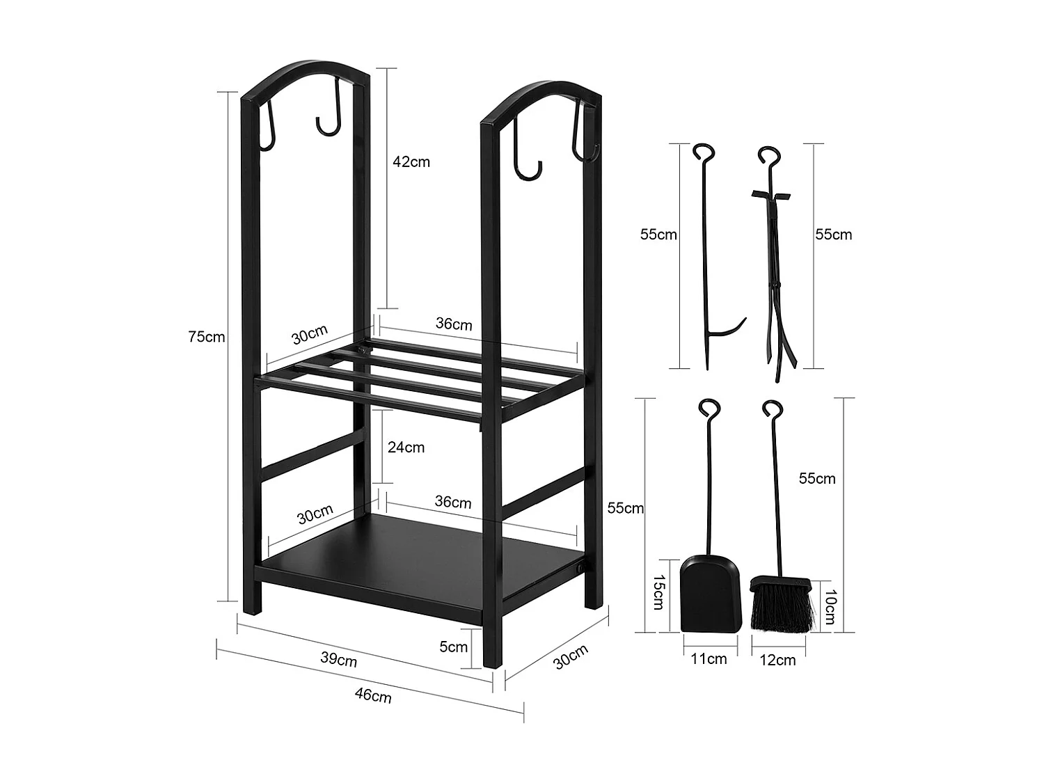 SoBuy SDA01-SCH Houtblokhouder Openhaard Server met 4 gereedschapSet openhaard gereedschap Antraciethaardhouthouder voor binnen en buiten