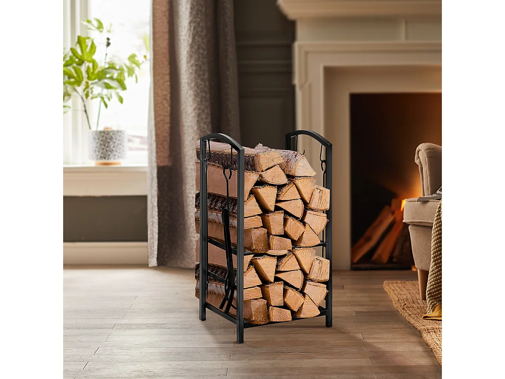 Porte Bûches Serviteur de Cheminée avec 4 Outils Ensemble d‘outils  pour Intérieur Extérieur,SoBuy SDA01-SCH