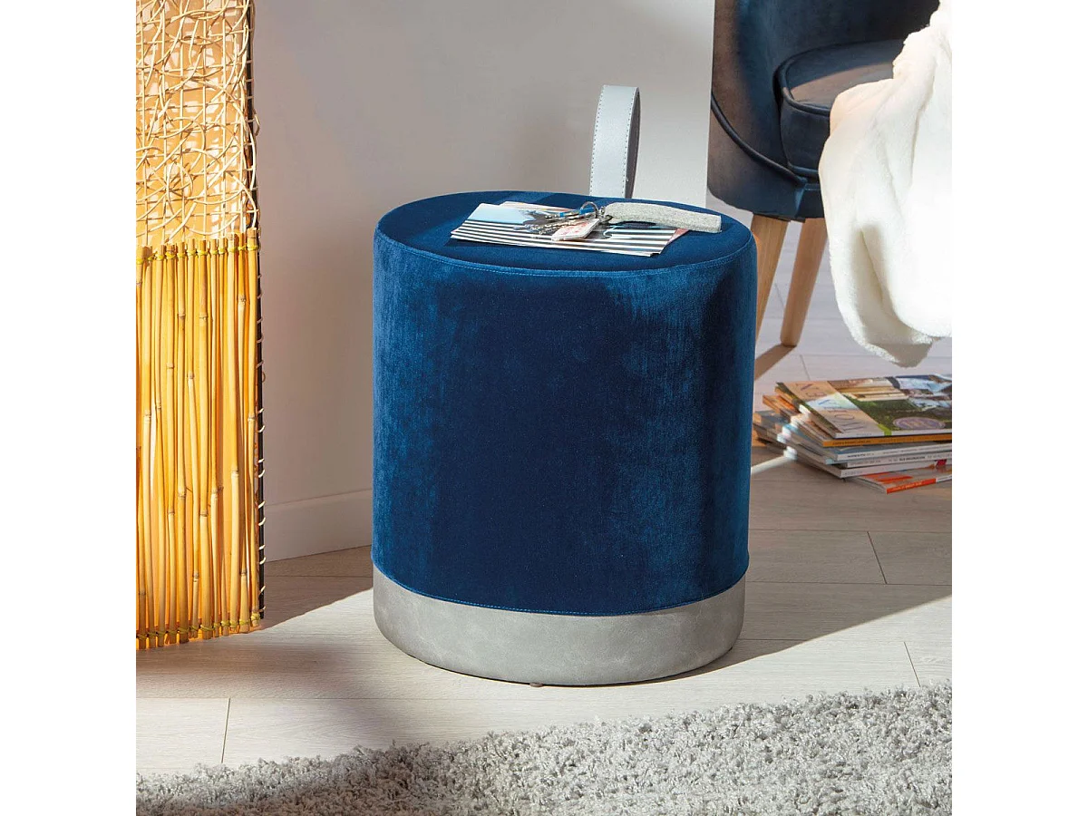 Pouf Design en Velours à Poignée "Laly" 43cm Bleu