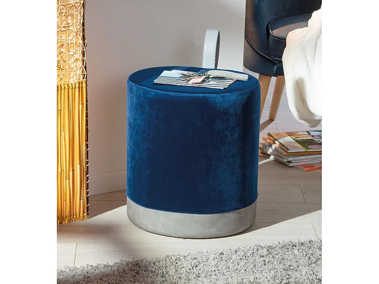 Pouf Design en Velours à Poignée "Laly" 43cm Bleu
