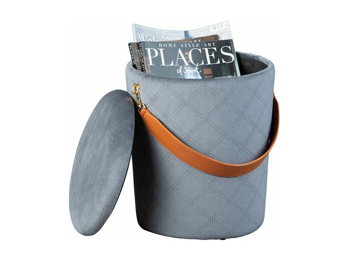 Ronde grijze fluwelen poef met kunstleren band Valentin